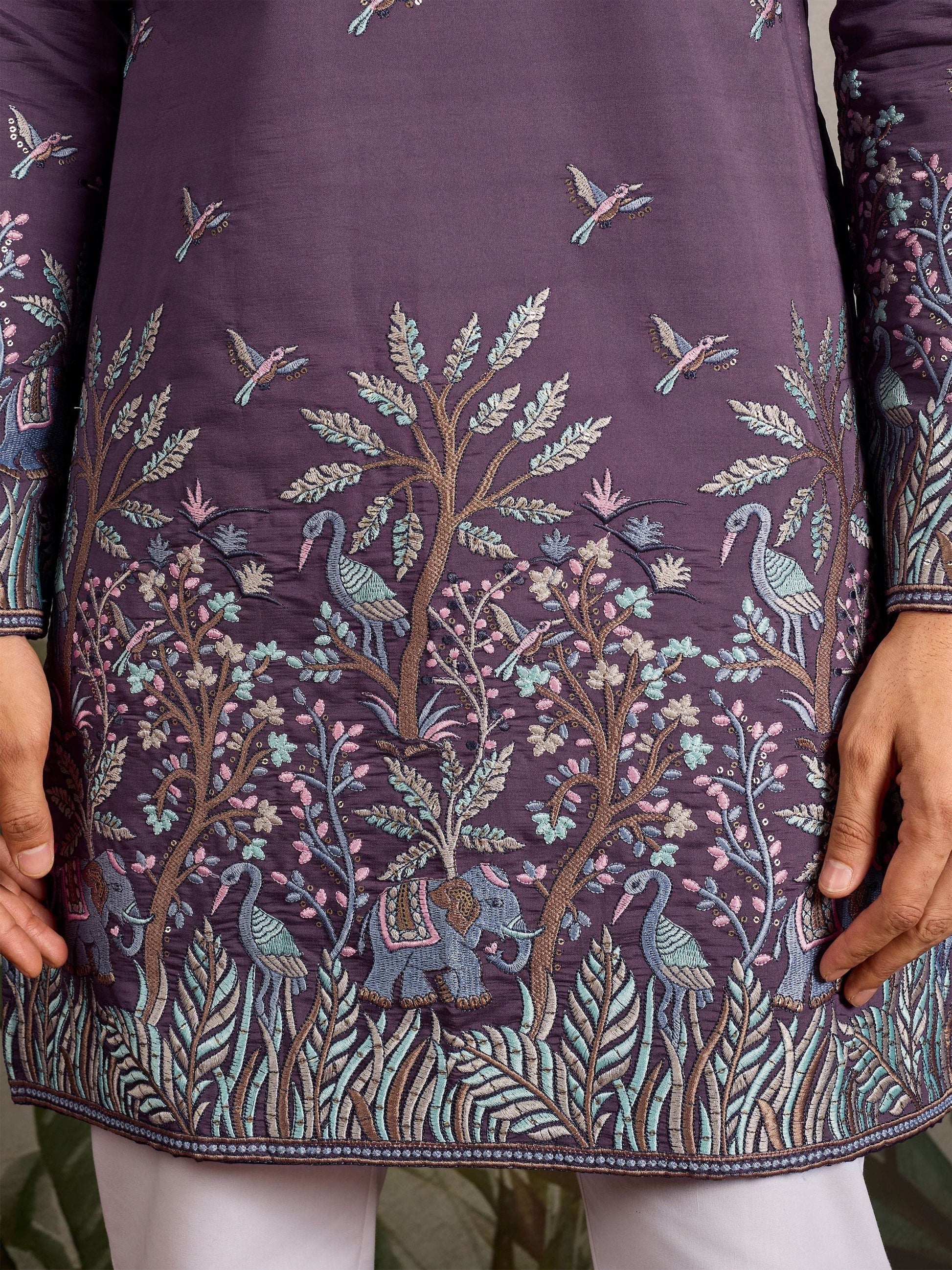 Rich Dusty Purple Embroidered Viscose Silk Engagement Wear Men Kurta