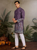Rich Dusty Purple Embroidered Viscose Silk Engagement Wear Men Kurta