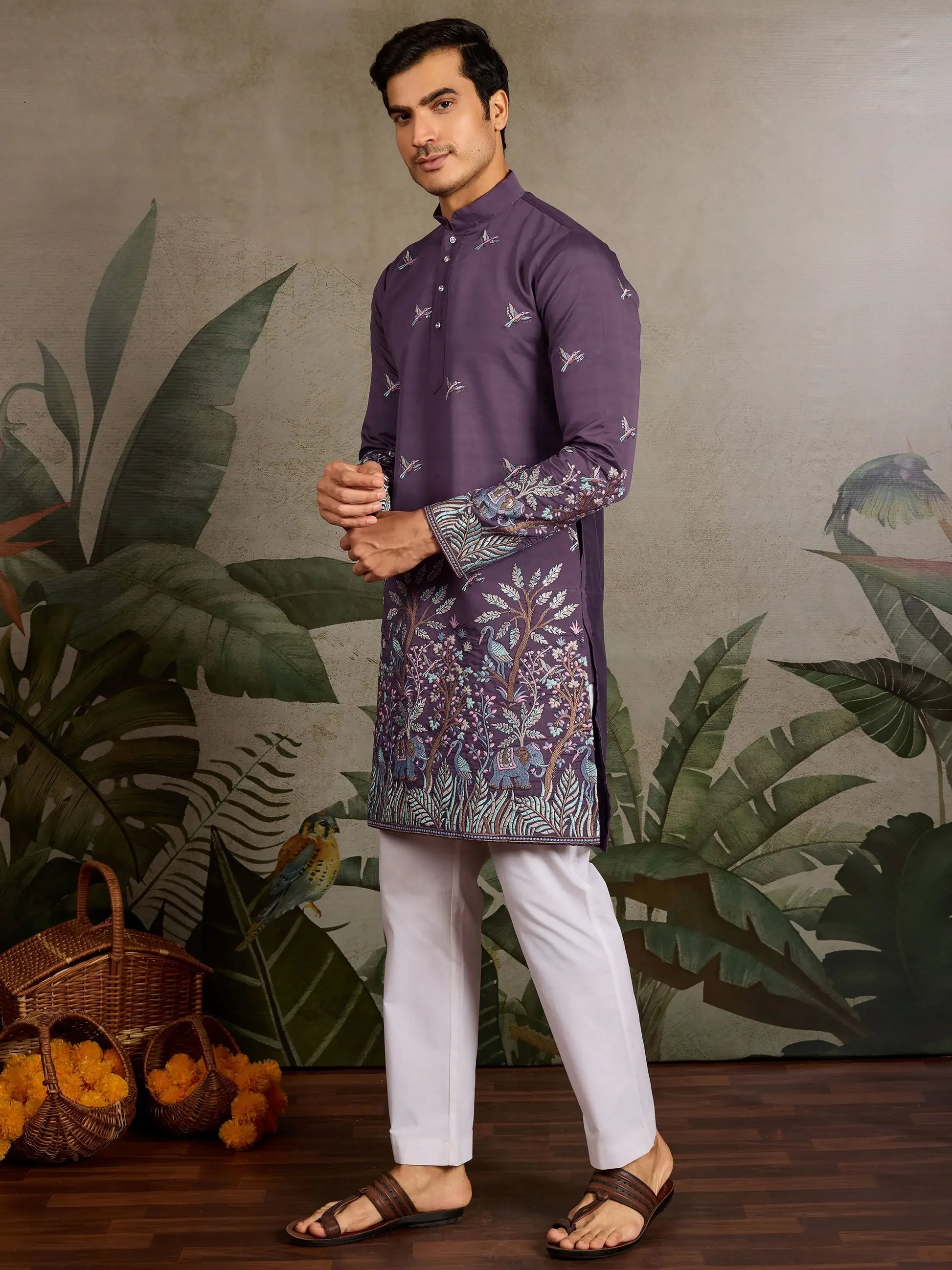 Rich Dusty Purple Embroidered Viscose Silk Engagement Wear Men Kurta