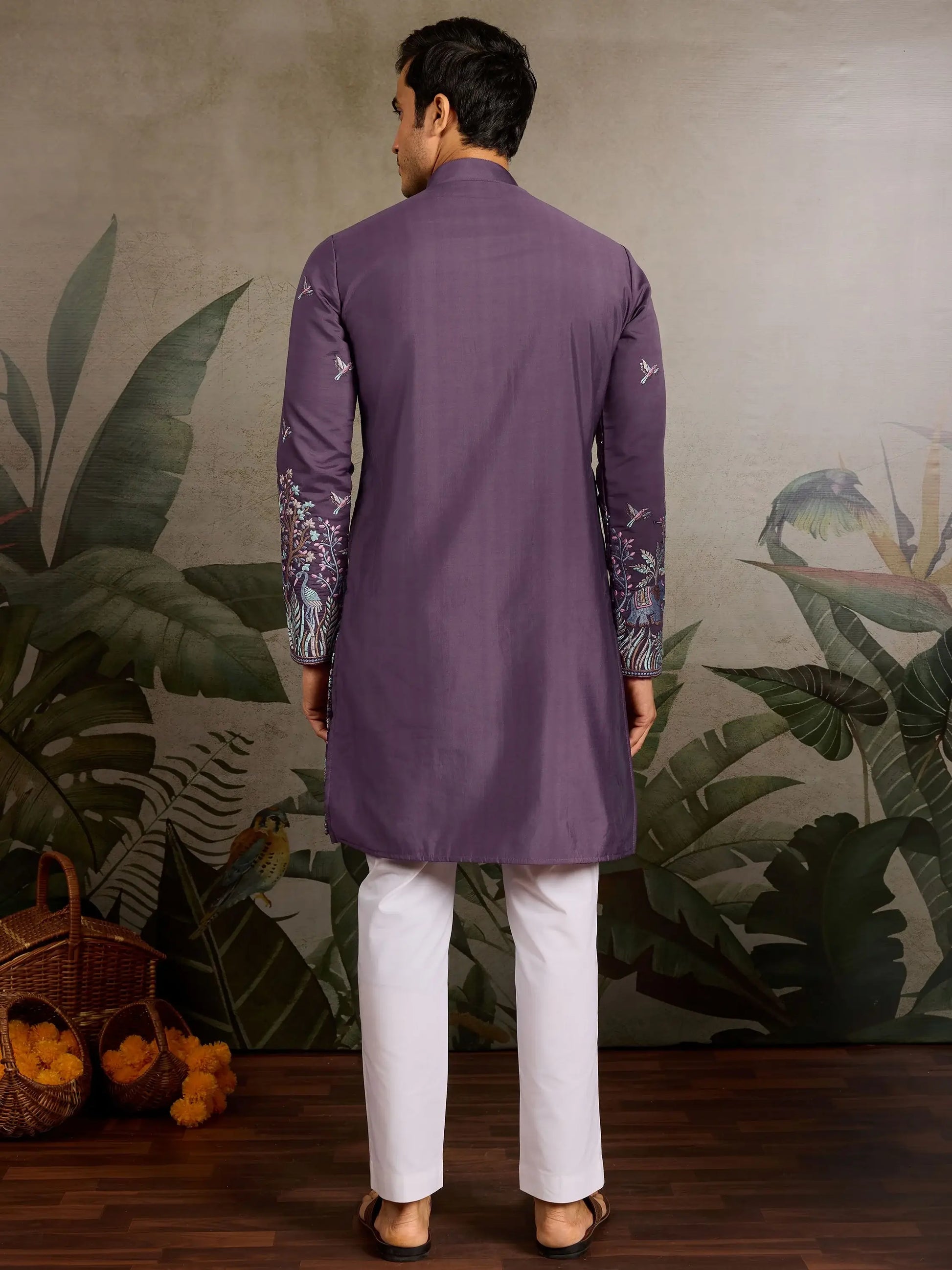 Rich Dusty Purple Embroidered Viscose Silk Engagement Wear Men Kurta