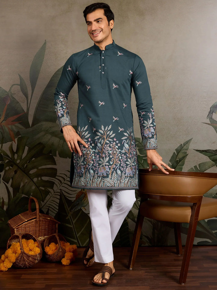Phenomenal Teal Green Sequins Embroidery Viscose Silk Wedding Wear Men Kurta