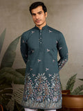 Phenomenal Teal Green Sequins Embroidery Viscose Silk Wedding Wear Men Kurta