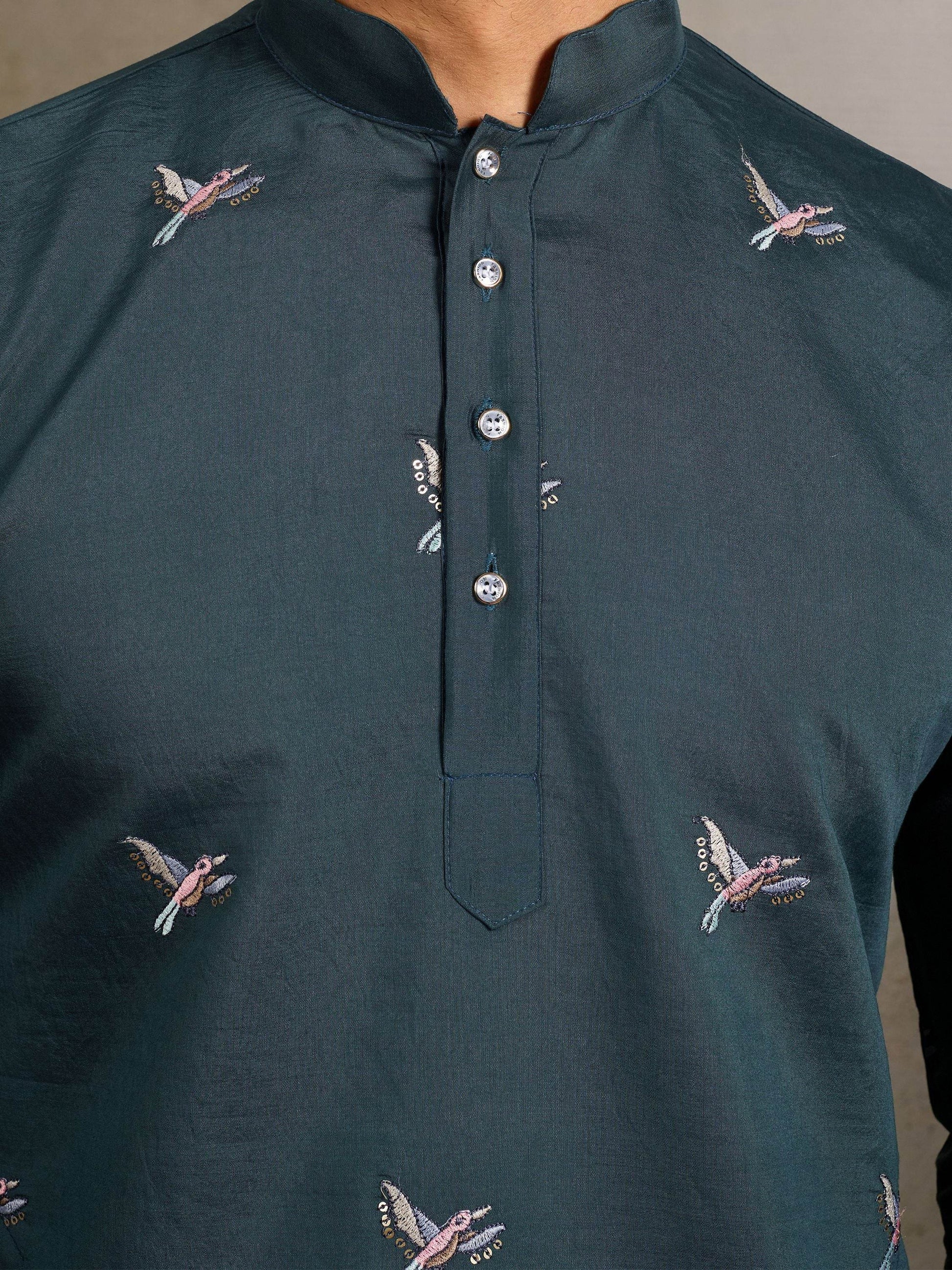 Phenomenal Bottle Green Sequins Embroidery Viscose Silk Wedding Wear Men Kurta