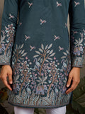 Phenomenal Teal Green Sequins Embroidery Viscose Silk Wedding Wear Men Kurta