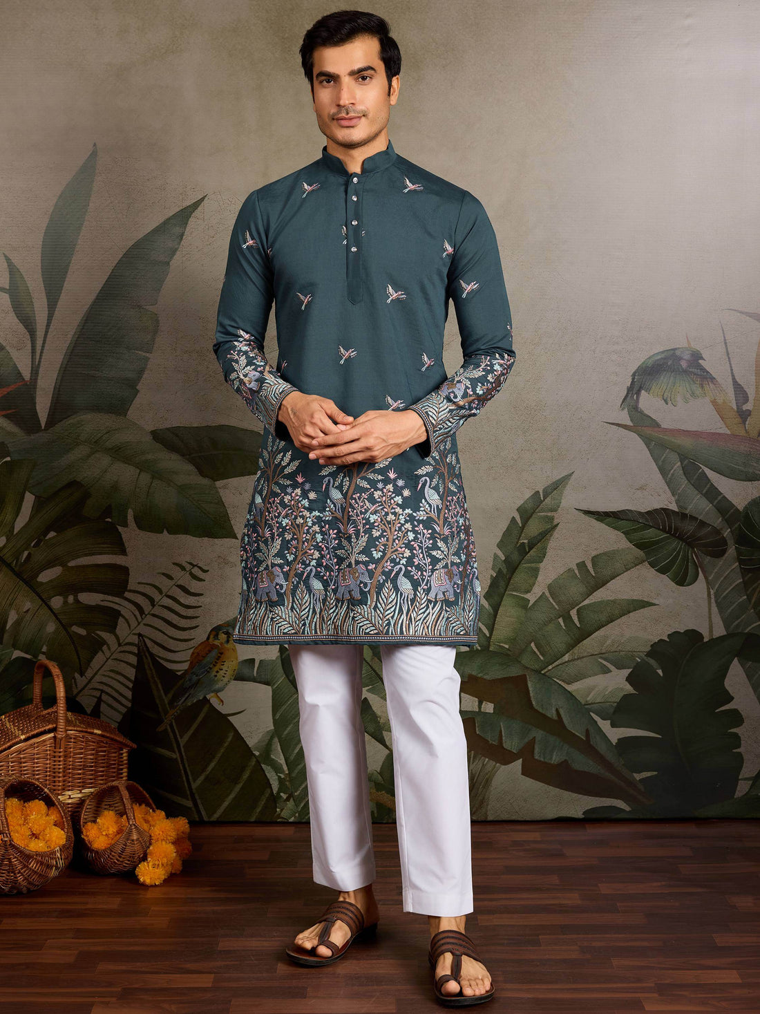 Phenomenal Teal Green Sequins Embroidery Viscose Silk Wedding Wear Men Kurta