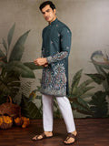 Phenomenal Teal Green Sequins Embroidery Viscose Silk Wedding Wear Men Kurta