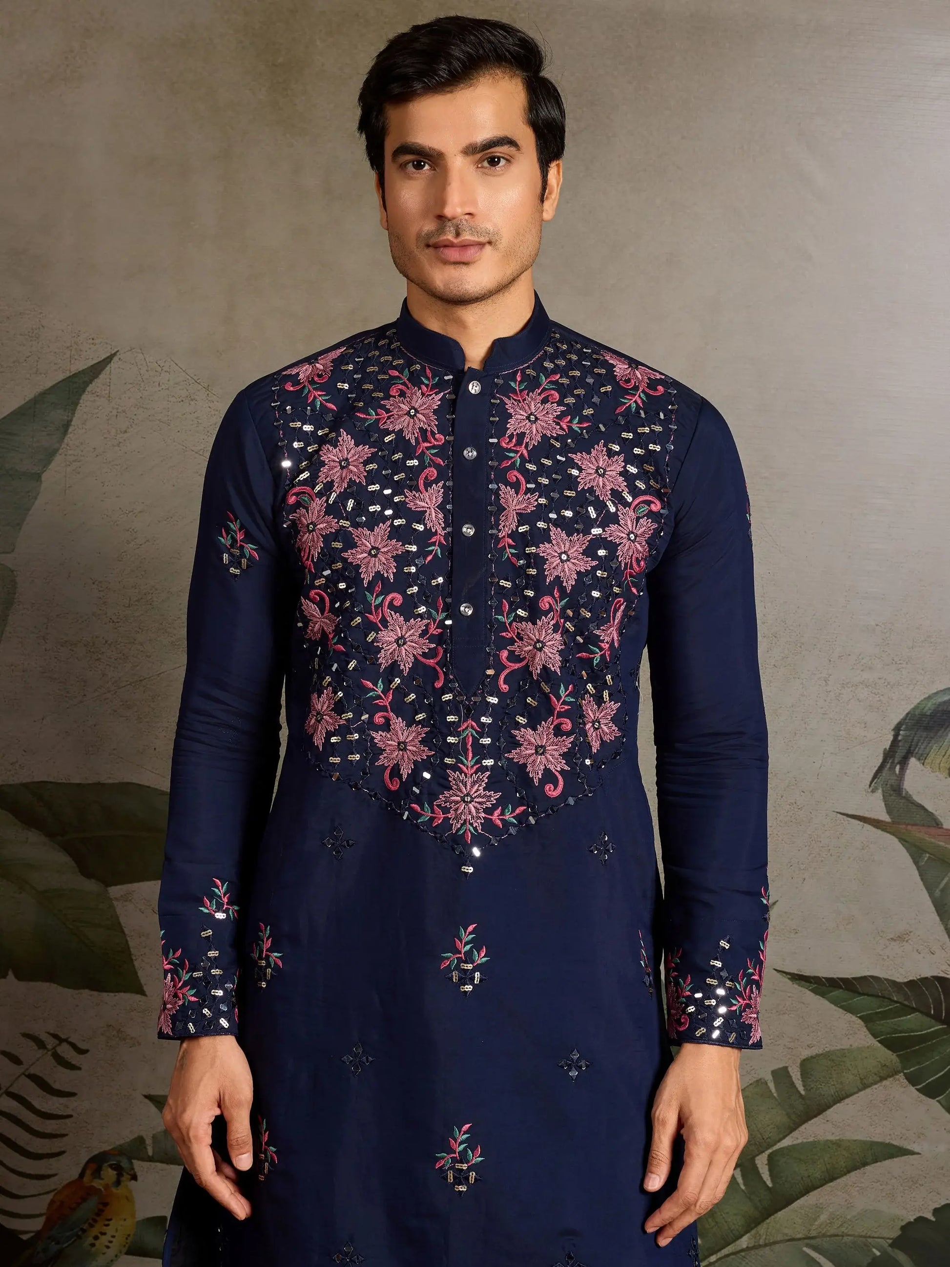 Stunning Navy Blue Sequins Viscose Silk Wedding Wear Men Kurta And Pant Set