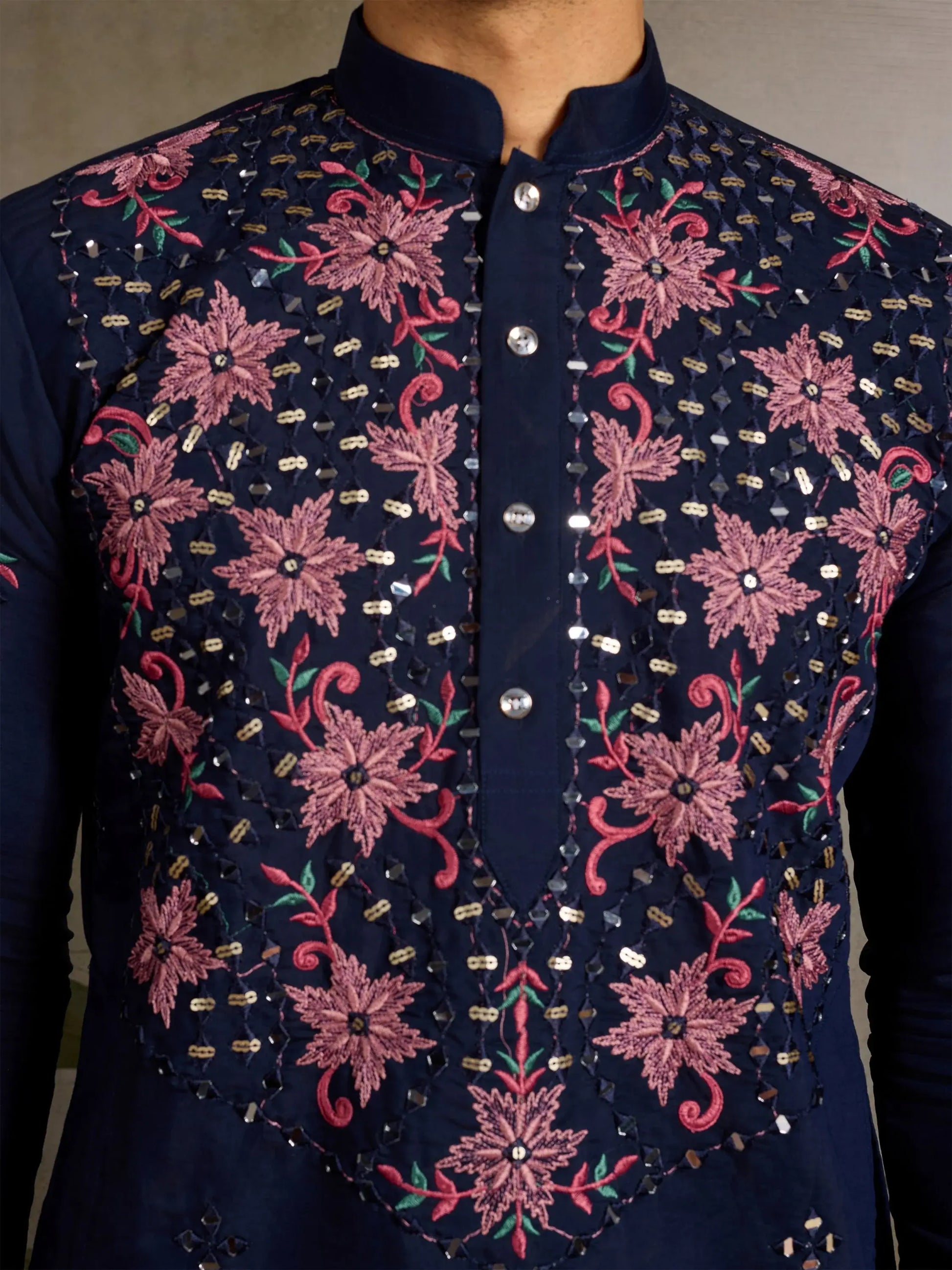 Stunning Navy Blue Sequins Viscose Silk Wedding Wear Men Kurta And Pant Set