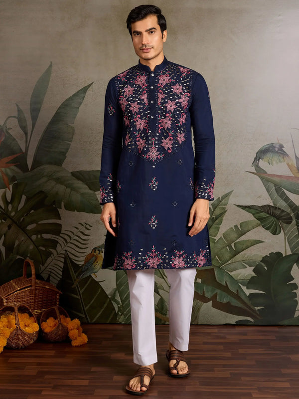 Stunning Navy Blue Sequins Viscose Silk Wedding Wear Men Kurta And Pant Set