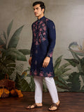 Stunning Navy Blue Sequins Viscose Silk Wedding Wear Men Kurta And Pant Set