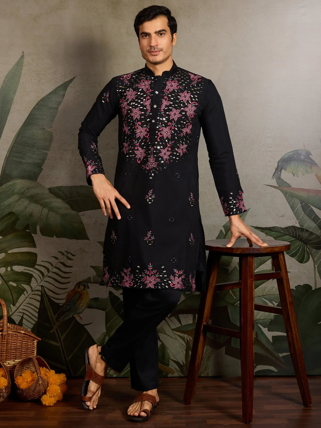 Tremendous Black Mirror Work Viscose Silk Event Wear Men Kurta Set