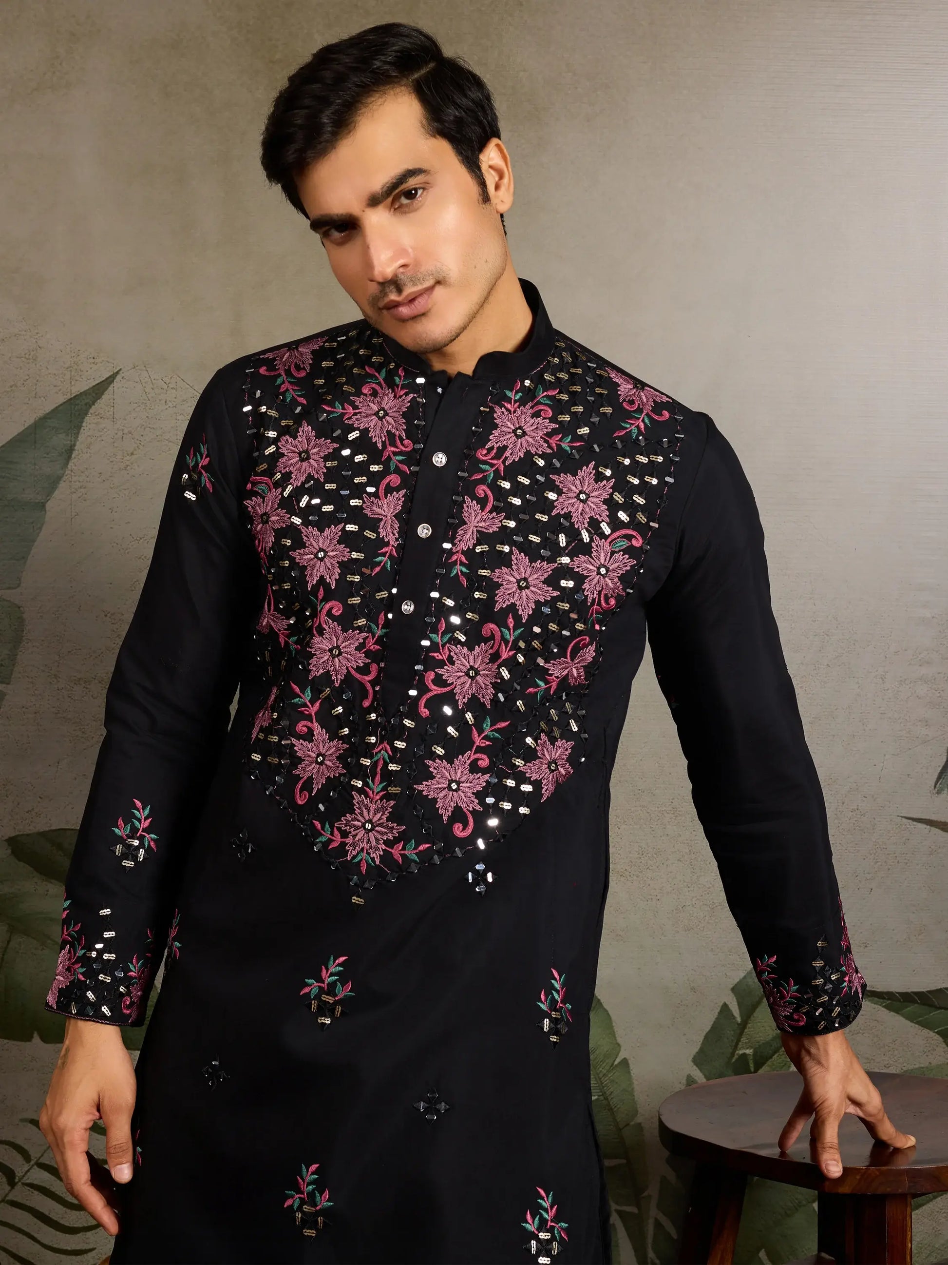 Tremendous Black Mirror Work Viscose Silk Event Wear Men Kurta Set