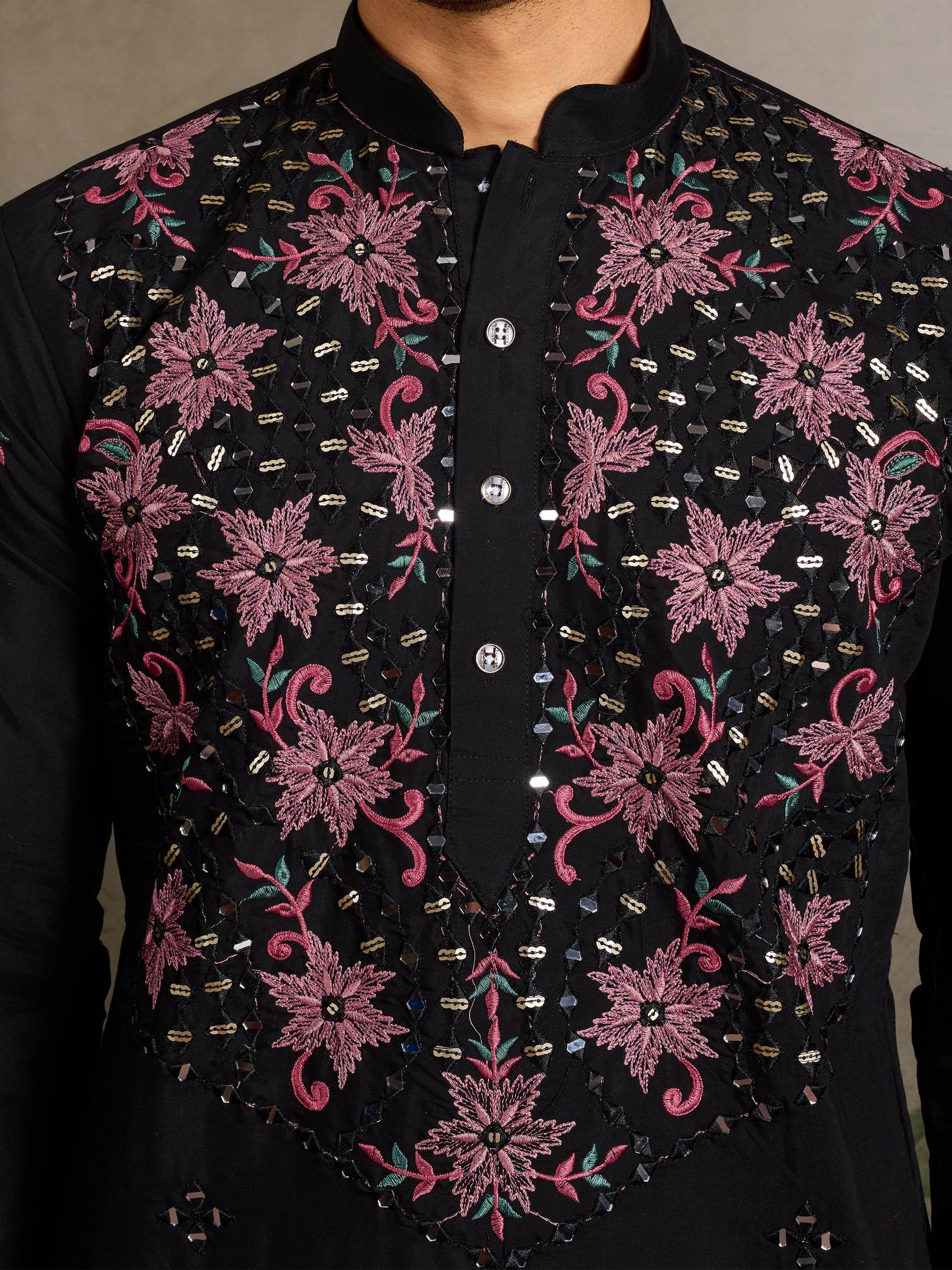Tremendous Black Mirror Work Viscose Silk Event Wear Men Kurta Set