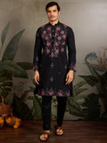 Tremendous Black Mirror Work Viscose Silk Event Wear Men Kurta Set