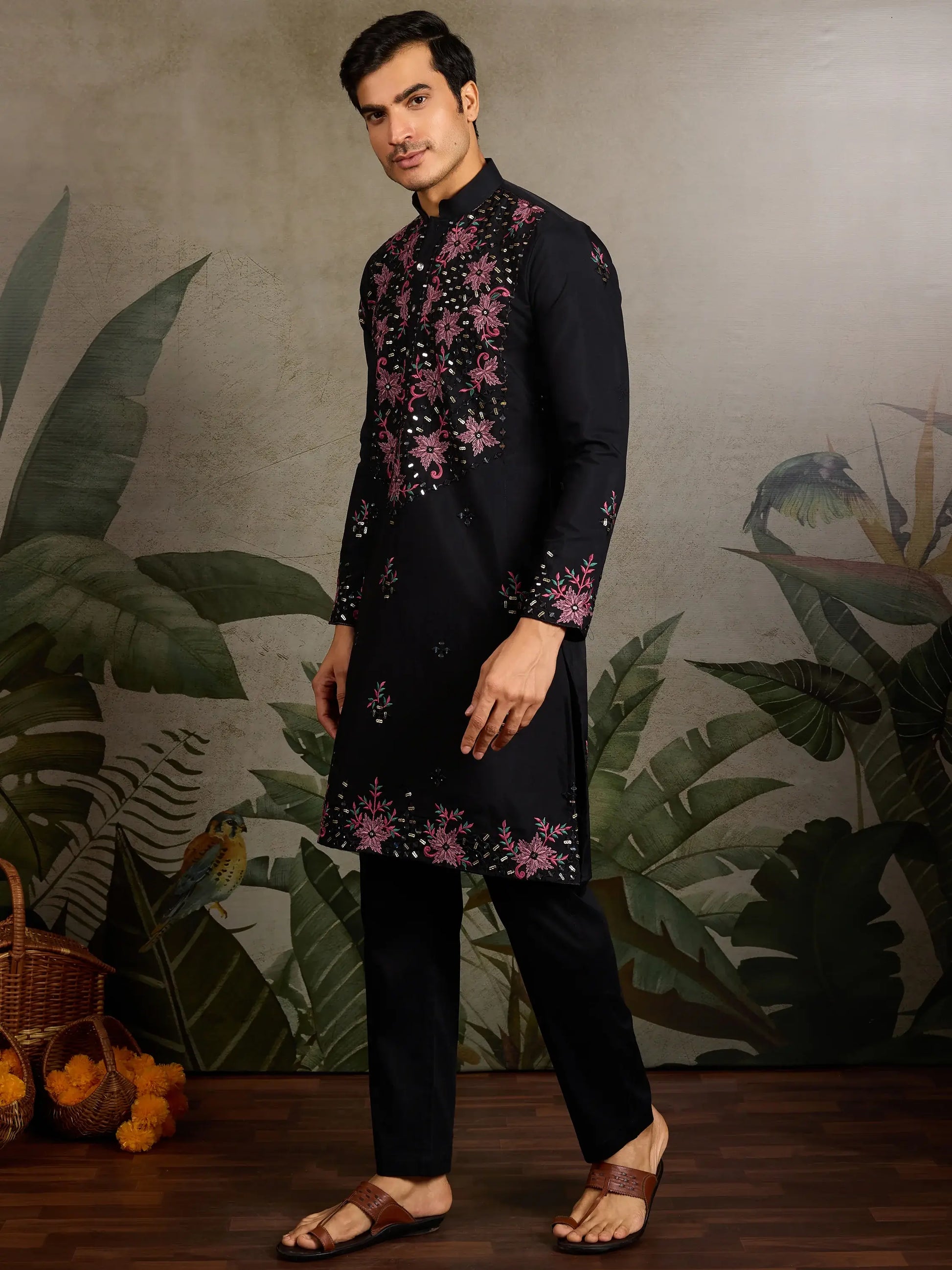 Tremendous Black Mirror Work Viscose Silk Event Wear Men Kurta Set