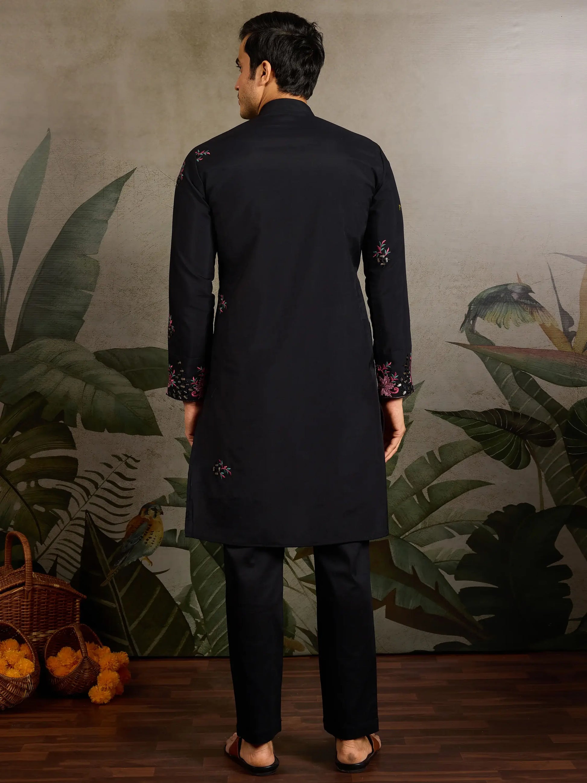 Tremendous Black Mirror Work Viscose Silk Event Wear Men Kurta Set