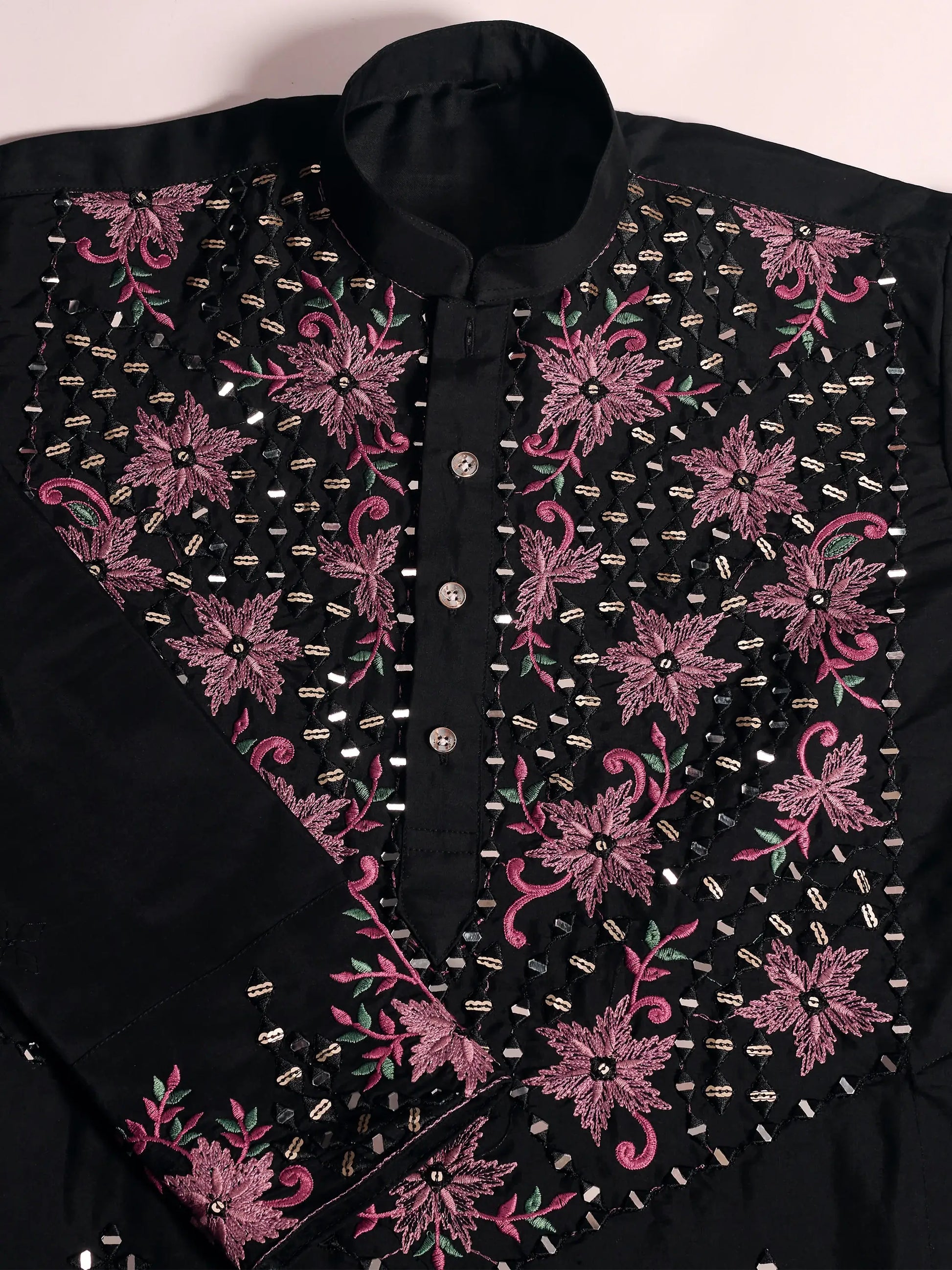 Tremendous Black Mirror Work Viscose Silk Event Wear Men Kurta Set