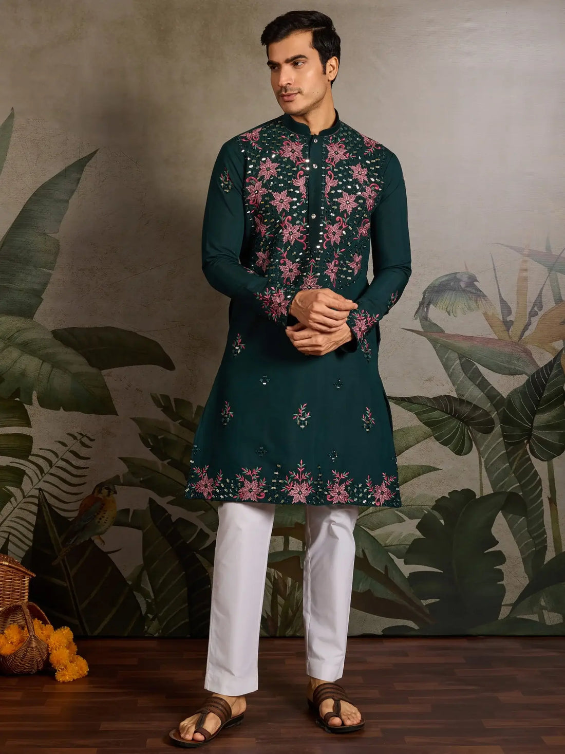 Classy Bottle Green Thread Work Viscose Silk Marriage Wear Men Kurta With Pant