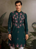 Classy Bottle Green Thread Work Viscose Silk Marriage Wear Men Kurta With Pant