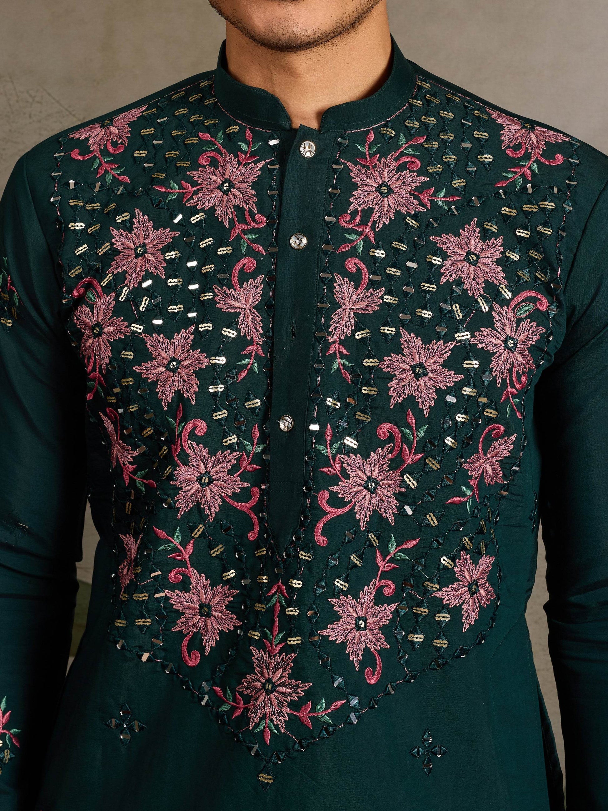 Classy Bottle Green Thread Work Viscose Silk Marriage Wear Men Kurta With Pant