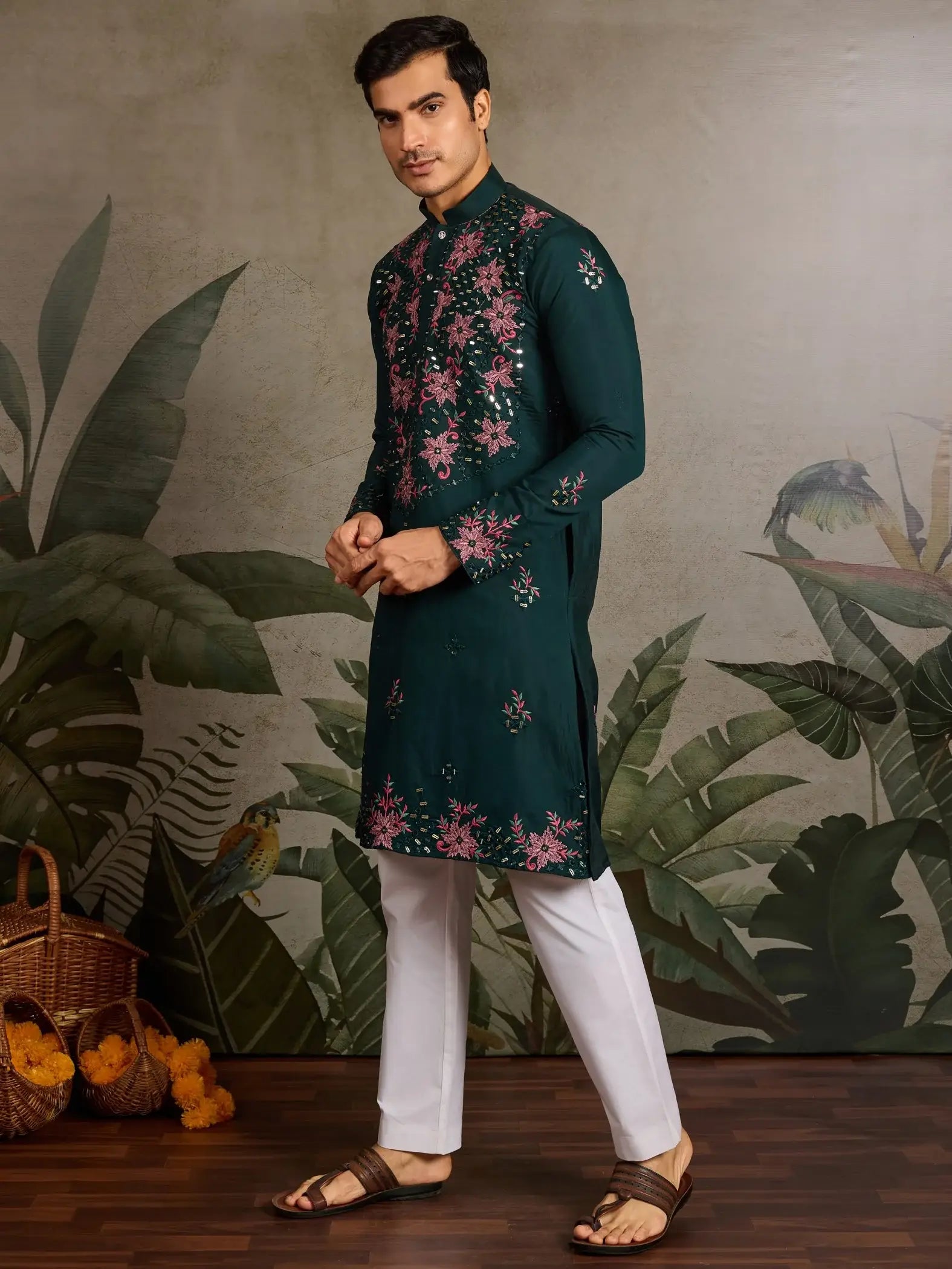 Classy Bottle Green Thread Work Viscose Silk Marriage Wear Men Kurta With Pant