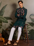 Classy Bottle Green Thread Work Viscose Silk Marriage Wear Men Kurta With Pant