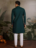Classy Bottle Green Thread Work Viscose Silk Marriage Wear Men Kurta With Pant