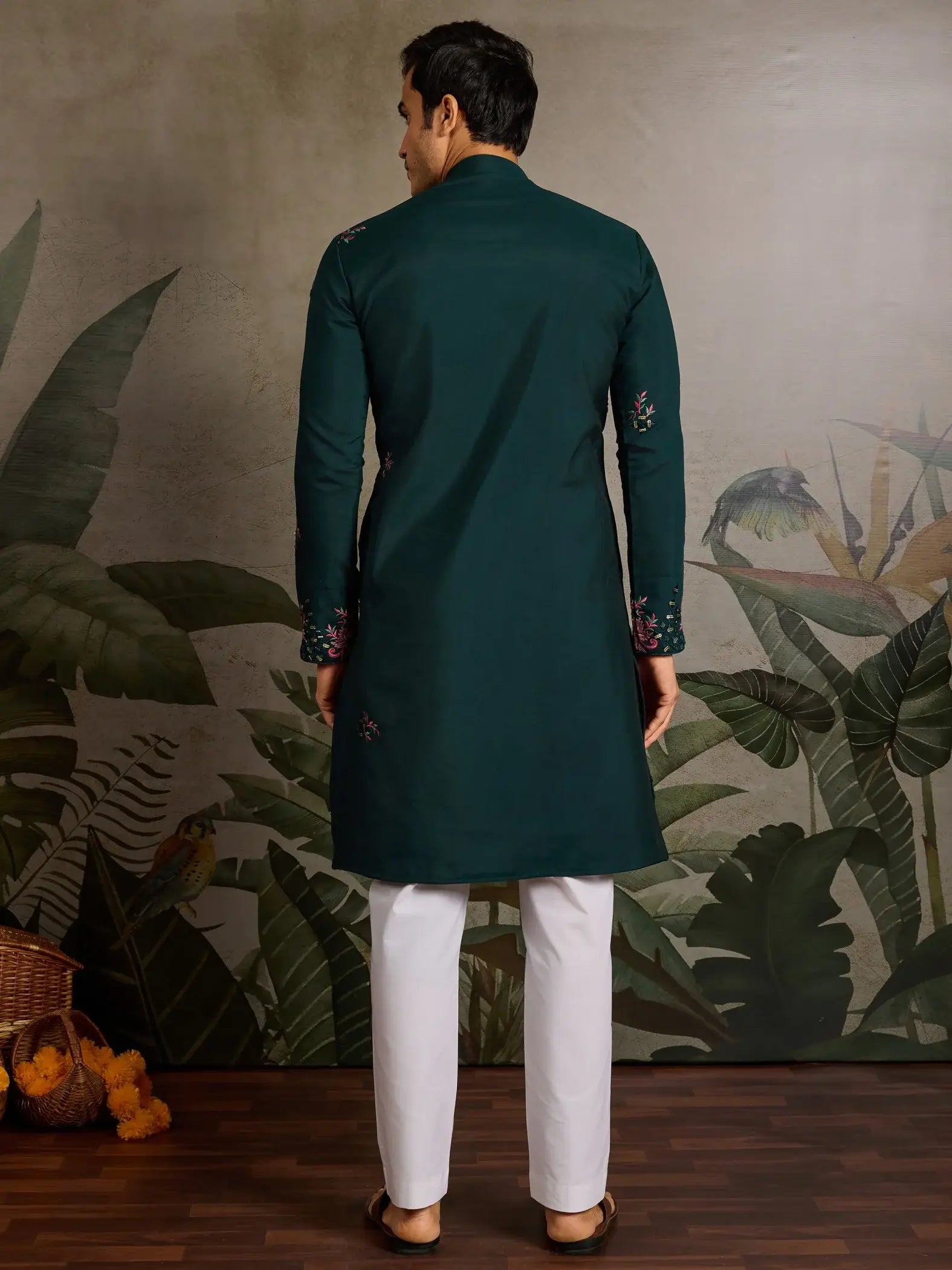 Classy Bottle Green Thread Work Viscose Silk Marriage Wear Men Kurta With Pant