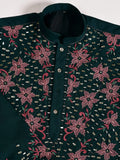 Classy Bottle Green Thread Work Viscose Silk Marriage Wear Men Kurta With Pant