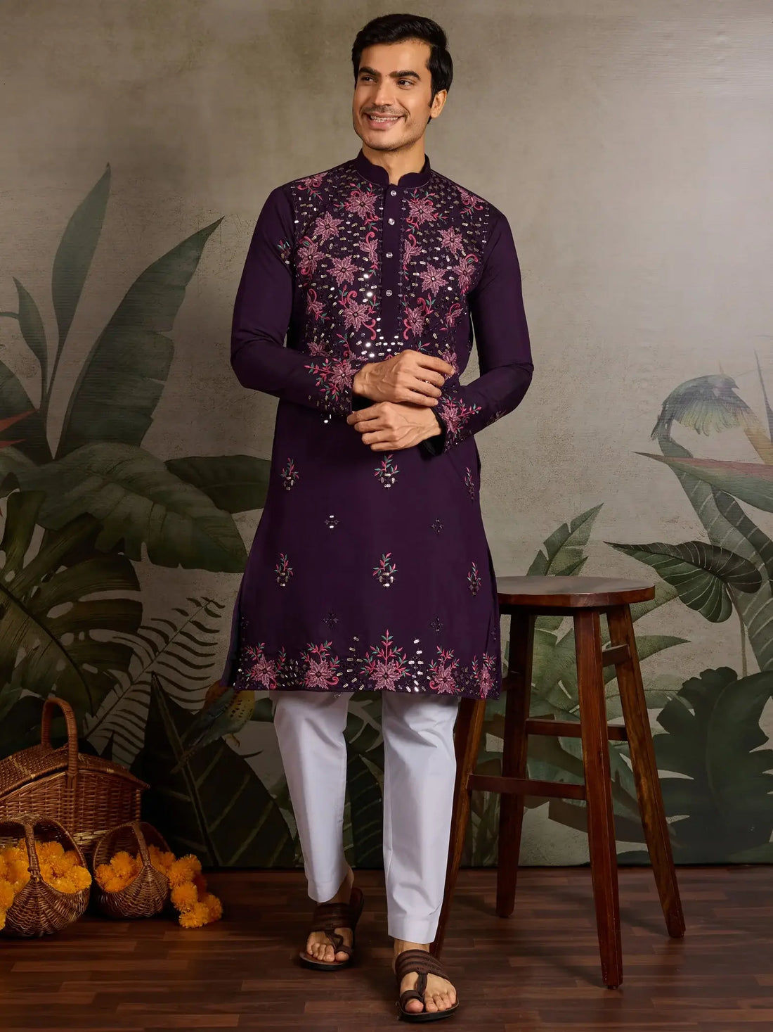 Great Wine Embroidered  Viscose Silk Traditional Men Kurta With Pant