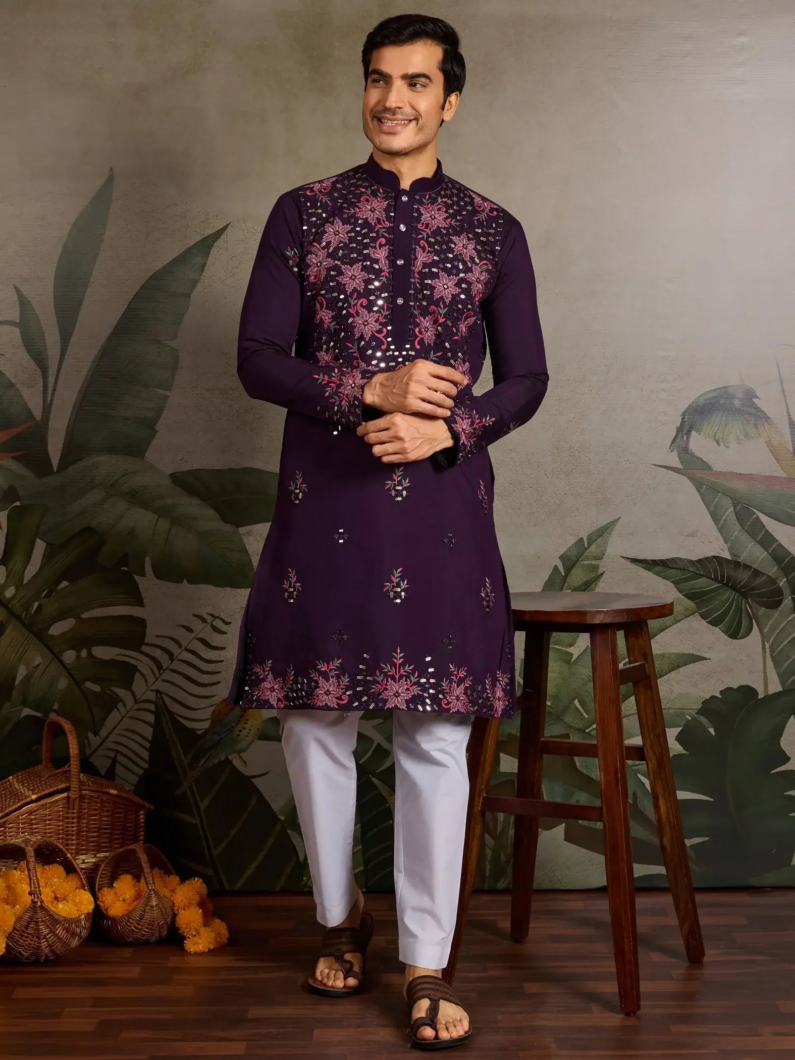 Great Wine Embroidered  Viscose Silk Traditional Men Kurta With Pant