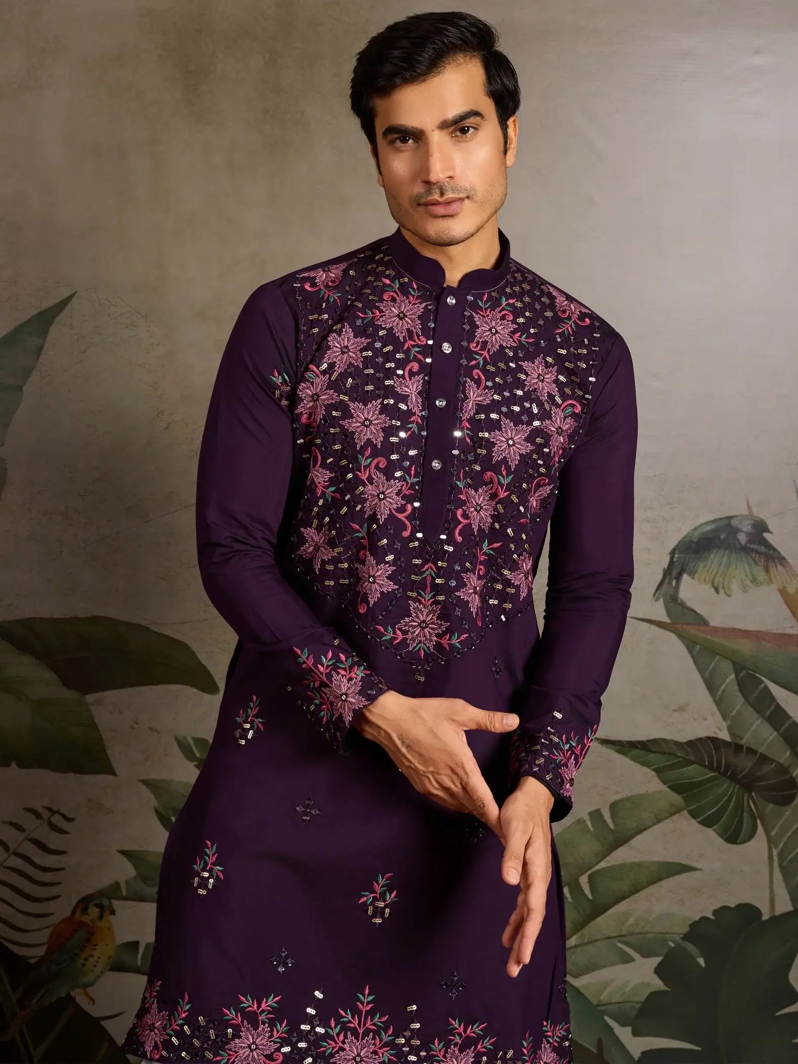 Great Wine Embroidered  Viscose Silk Traditional Men Kurta With Pant