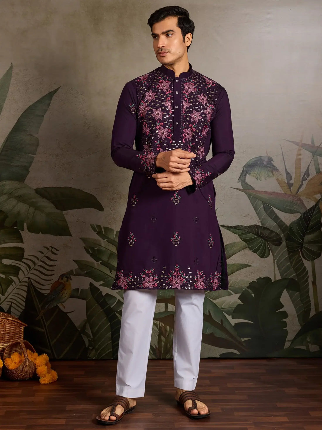 Great Wine Embroidered  Viscose Silk Traditional Men Kurta With Pant