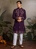 Great Wine Embroidered  Viscose Silk Traditional Men Kurta With Pant