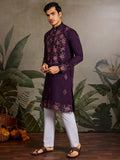 Great Wine Embroidered  Viscose Silk Traditional Men Kurta With Pant