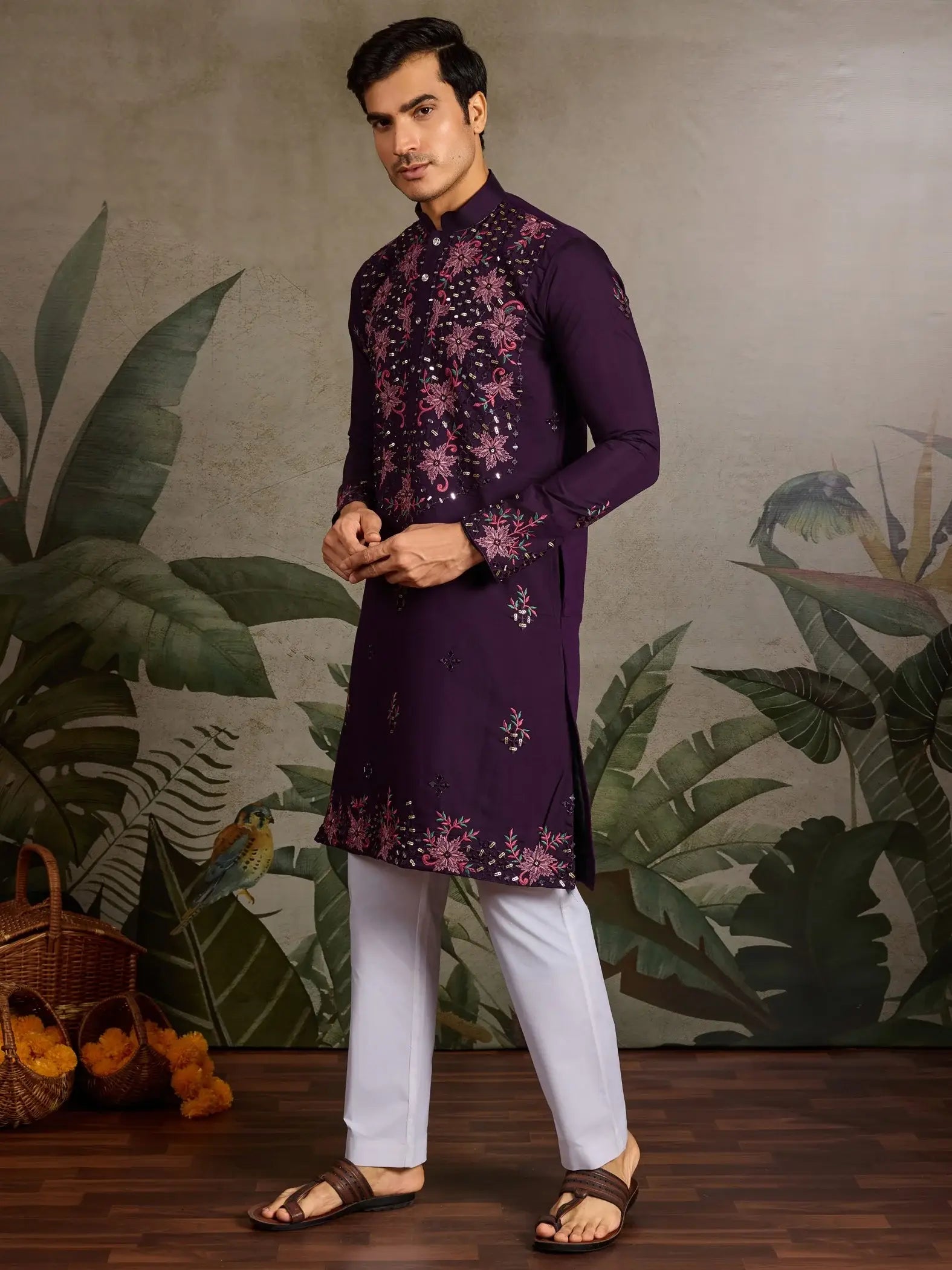 Great Wine Embroidered  Viscose Silk Traditional Men Kurta With Pant