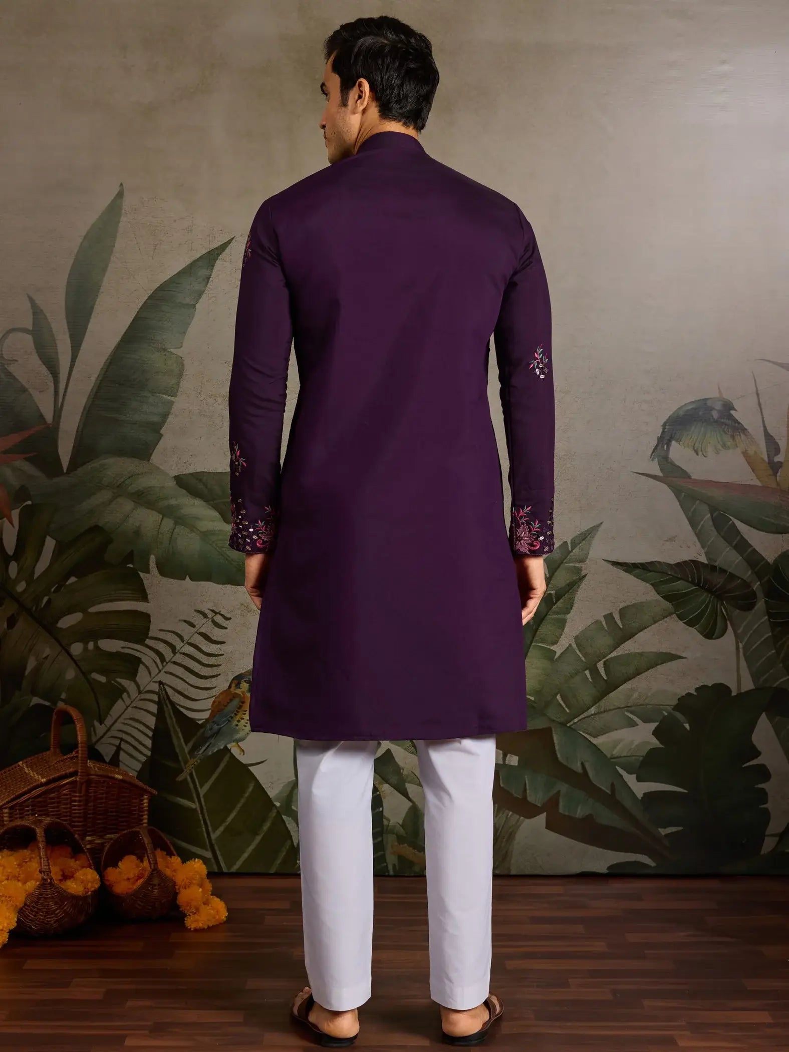 Great Wine Embroidered  Viscose Silk Traditional Men Kurta With Pant