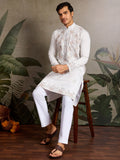 Terrific White Sequins Embroidered Viscose Silk Men Kurta With Pant