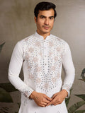 Terrific White Sequins Embroidered Viscose Silk Men Kurta With Pant