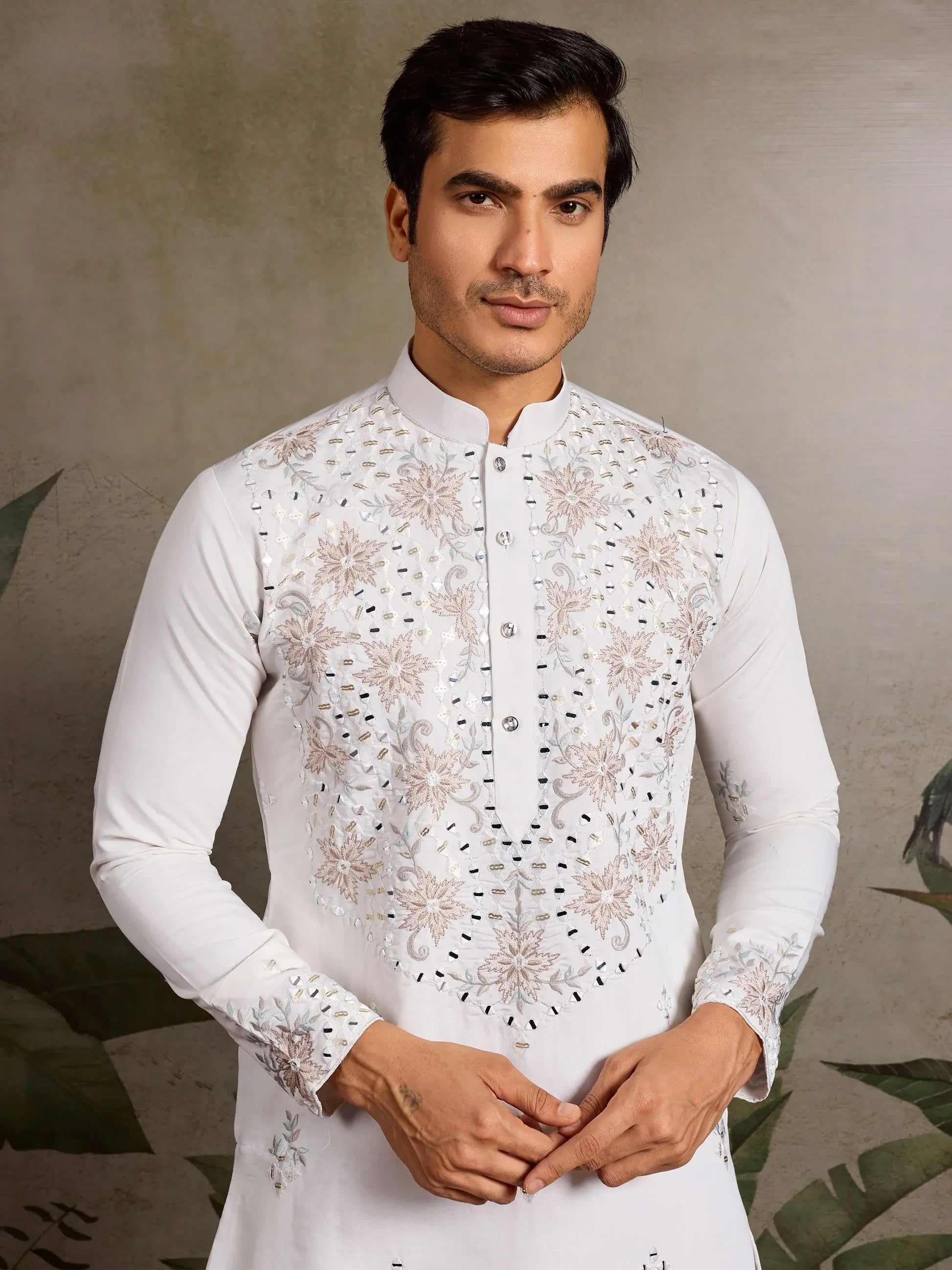 Terrific White Sequins Embroidered Viscose Silk Men Kurta With Pant