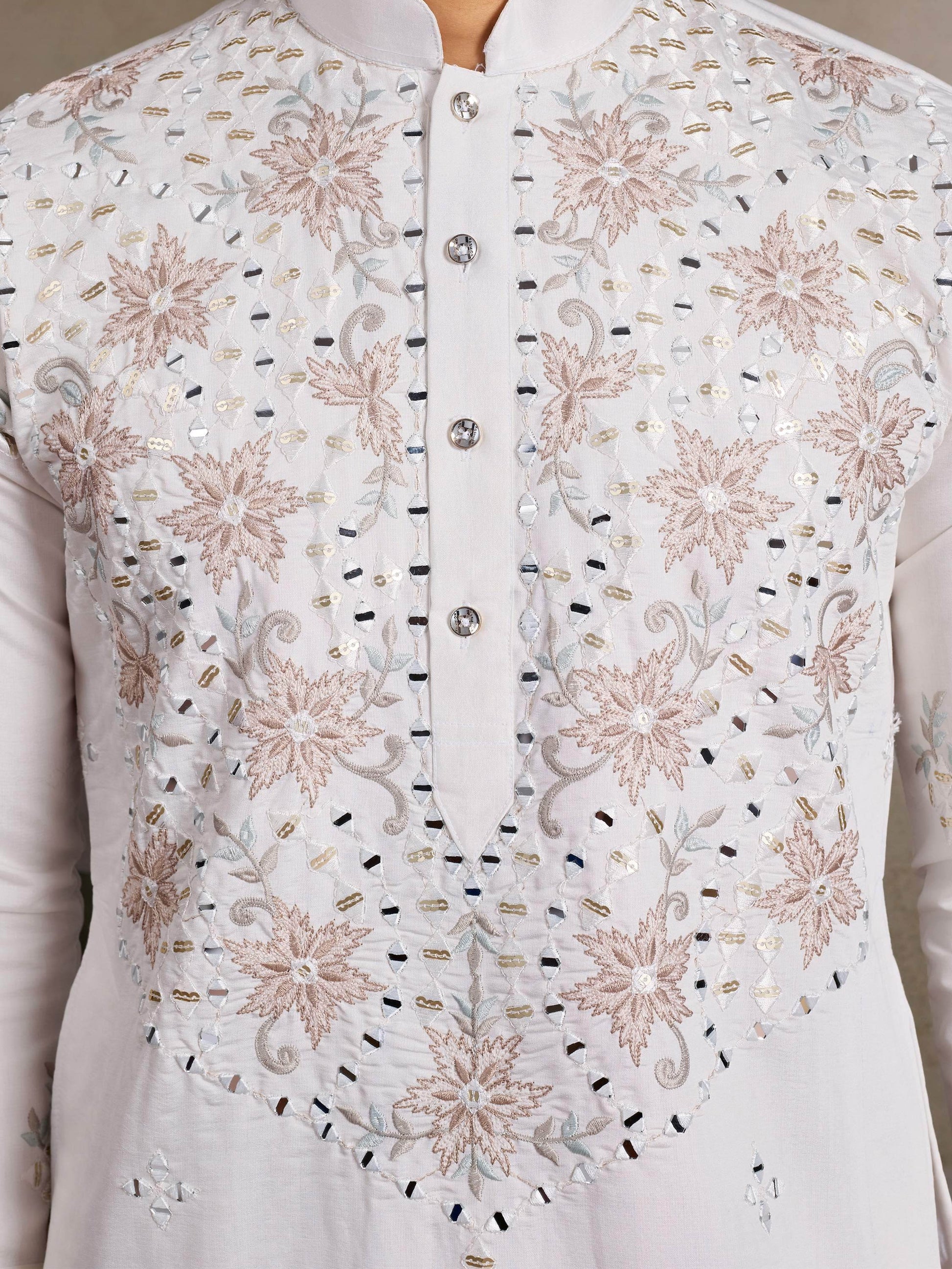 Terrific White Sequins Embroidered Viscose Silk Men Kurta With Pant