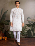 Terrific White Sequins Embroidered Viscose Silk Men Kurta With Pant