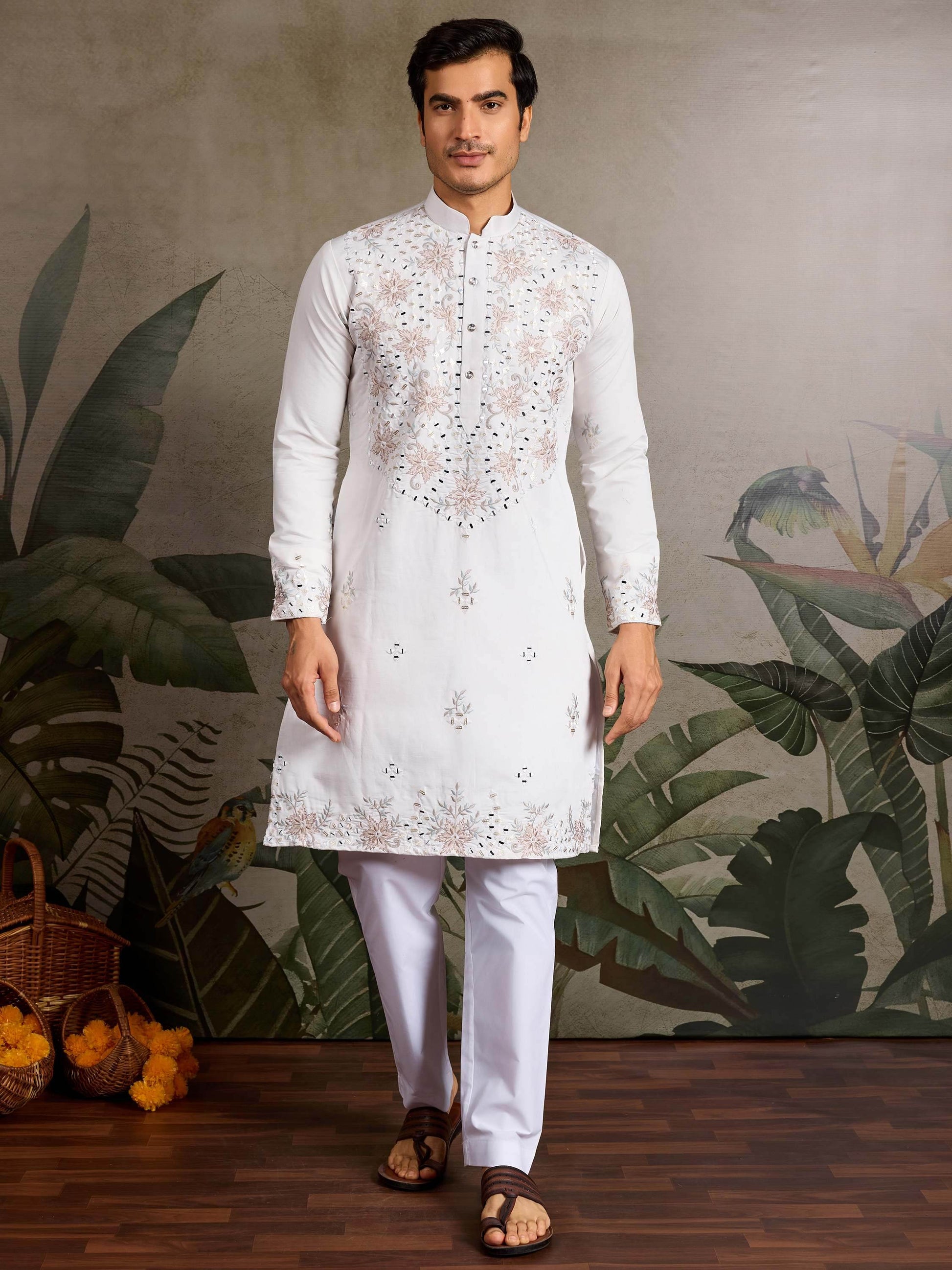 Terrific White Sequins Embroidered Viscose Silk Men Kurta With Pant