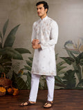 Terrific White Sequins Embroidered Viscose Silk Men Kurta With Pant