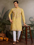Marvelous Yellow Mirror Work Viscose Silk Haldi Wear Men Kurta With Pant