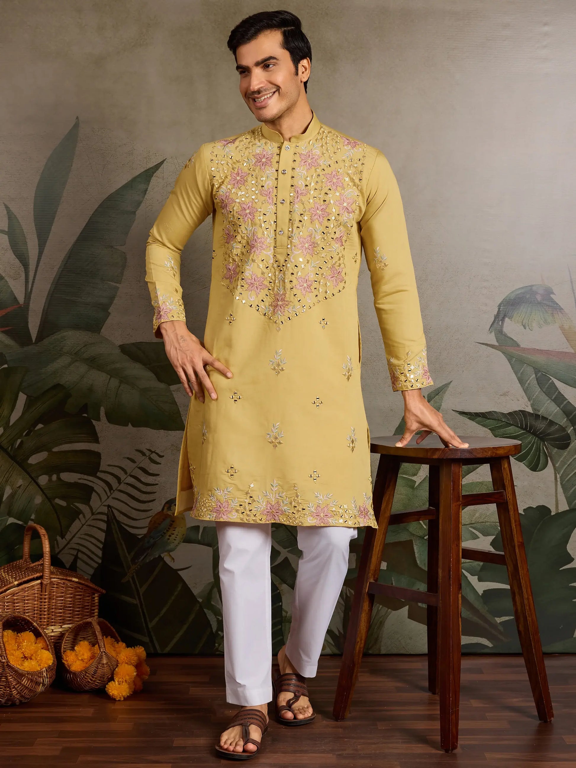Marvelous Yellow Mirror Work Viscose Silk Haldi Wear Men Kurta With Pant