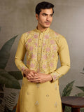 Marvelous Yellow Mirror Work Viscose Silk Haldi Wear Men Kurta With Pant