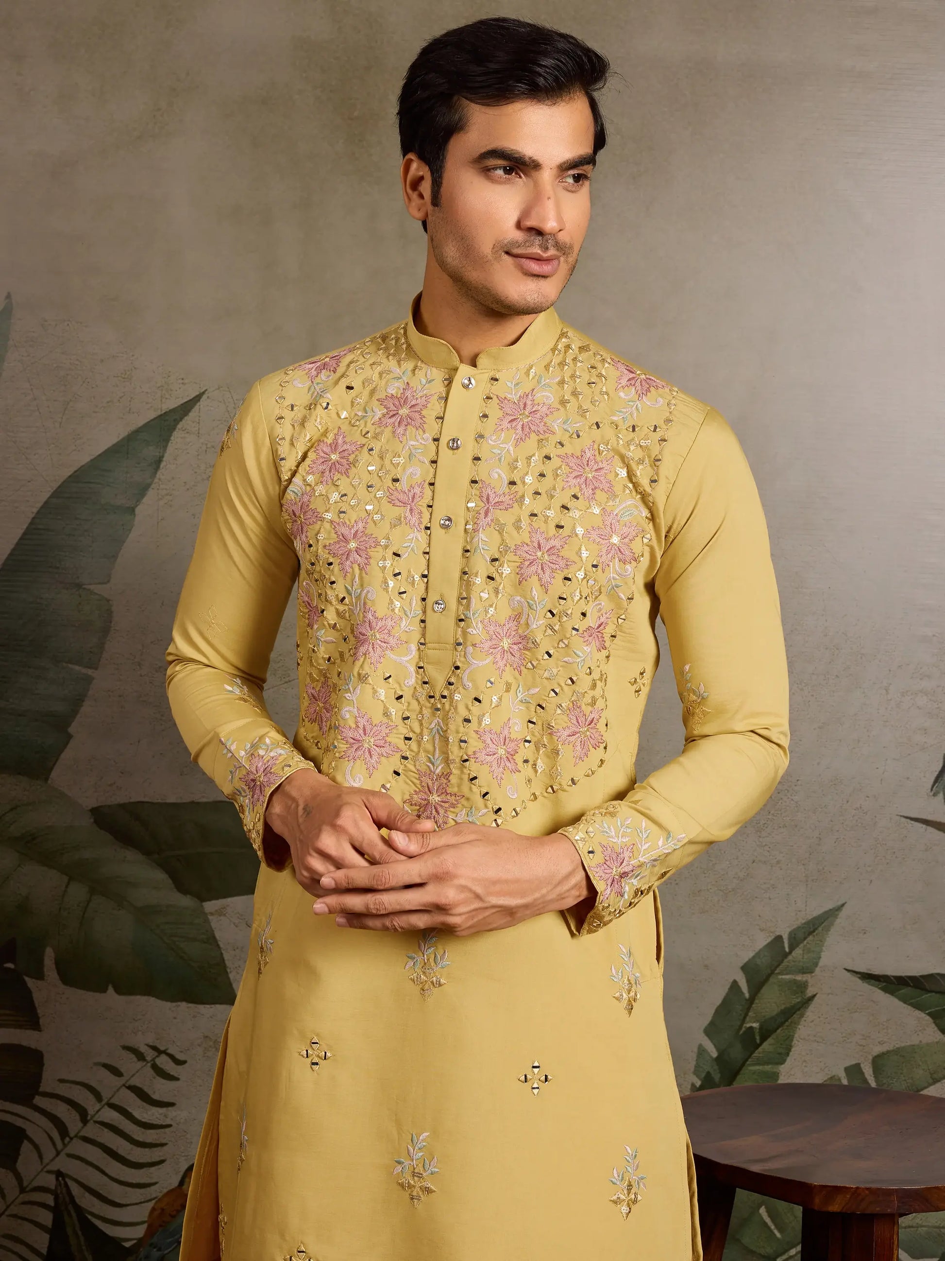 Marvelous Yellow Mirror Work Viscose Silk Haldi Wear Men Kurta With Pant