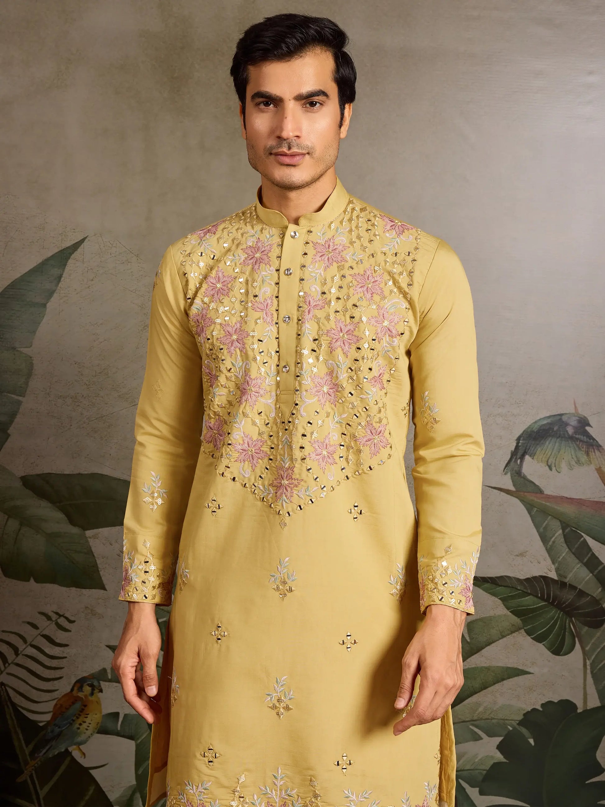 Marvelous Yellow Mirror Work Viscose Silk Haldi Wear Men Kurta With Pant