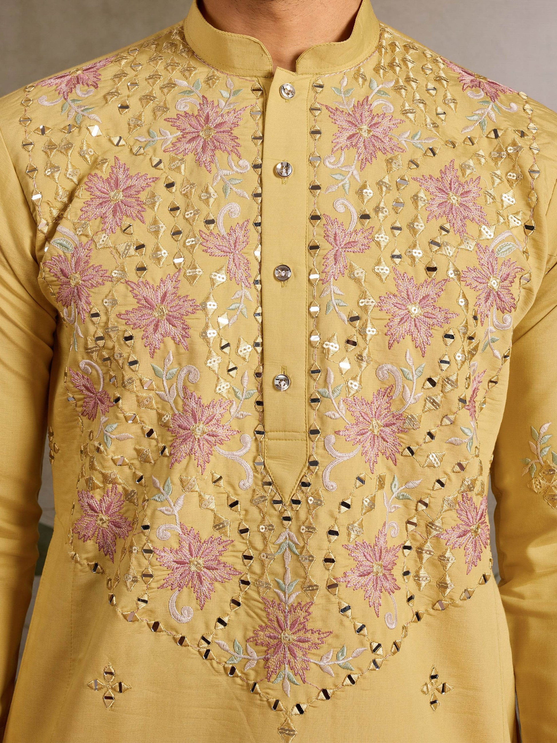 Marvelous Yellow Mirror Work Viscose Silk Haldi Wear Men Kurta With Pant